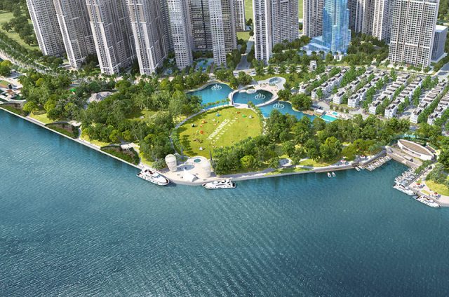 Không gian xanh của công viên Vinhomes Central Park bên thành phố