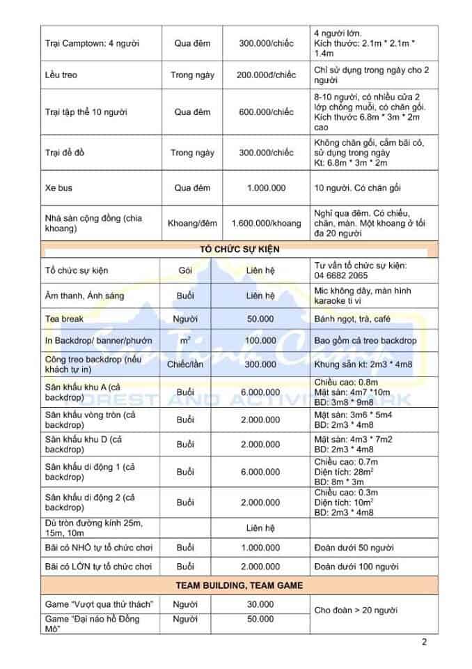 Bảng giá dịch vụ ở Sơn Tinh Camp - ảnh 2