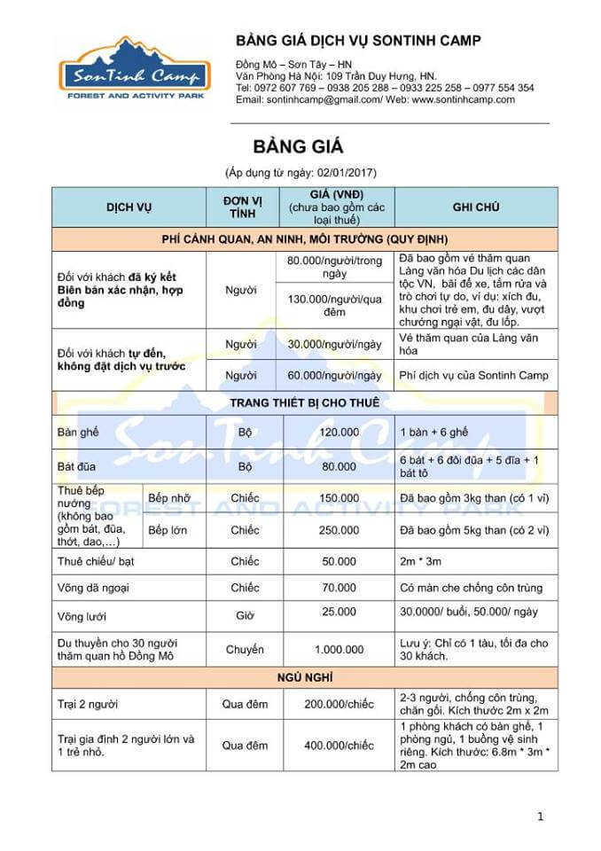 Bảng giá dịch vụ ở Sơn Tinh Camp - ảnh 1