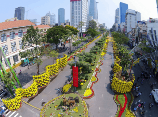 Đường hoa Nguyễn Huệ nở đẹp khi nhìn từ xa Đường hoa Nguyễn Huệ nở đẹp khi nhìn từ xa