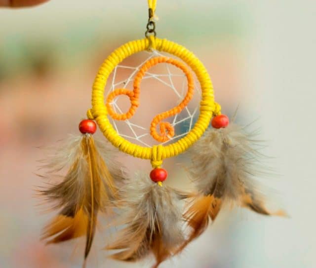 Các chiếc lông gà buộc trên tấm bùa thể hiện cho tín ngưỡng tôn giáo bộ tộc người Ojibwa và đây được coi là linh vật của họ.