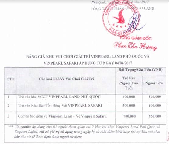 Bảng giá vé Khu vui chơi giải trí và Khu bảo tồn động vật Vinpearl Phú Quốc